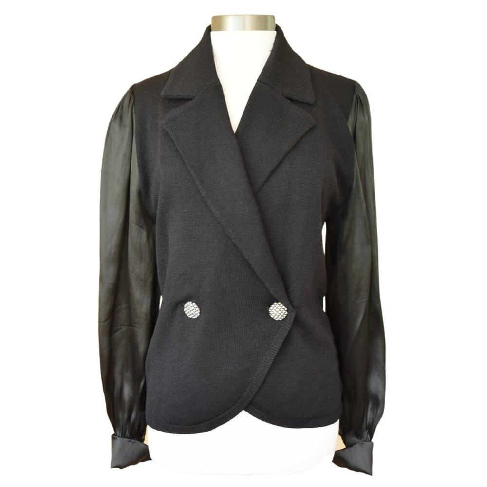 Vintage St John Evening Jacket 6 Black Santana Knit Organza Sleeve Blazer